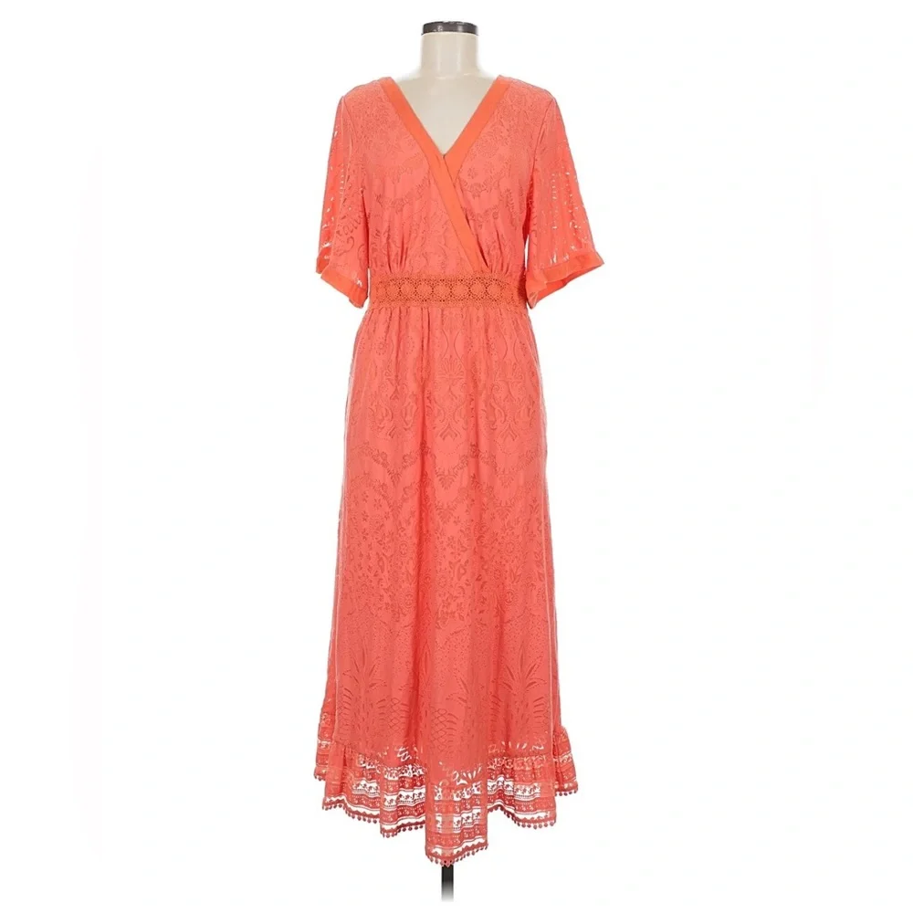 FARM Rio Vibrant Coral Cut Out, Devore, V-neck, peplum Maxi Dress - Picture 4 of 6